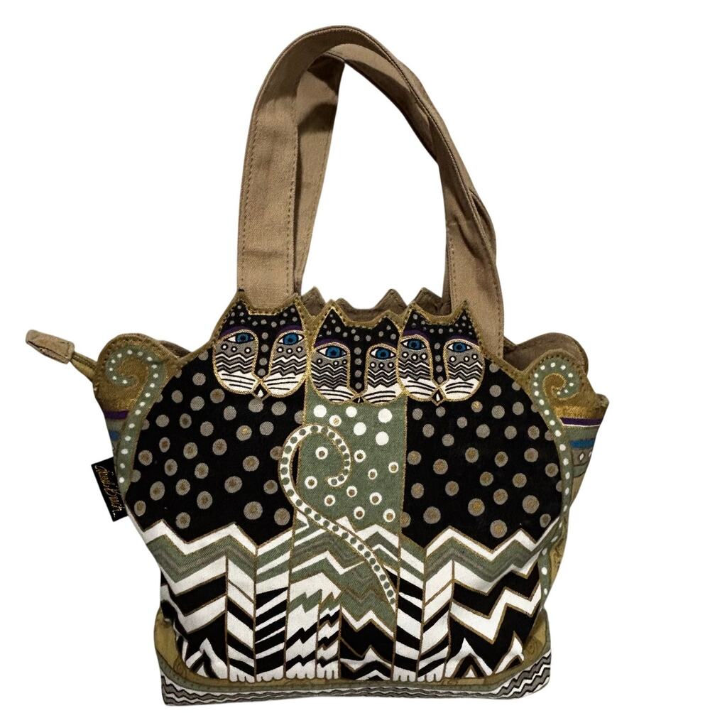 Laurel Burch cats bag textile purse tan beige canvas novelty zip top tote